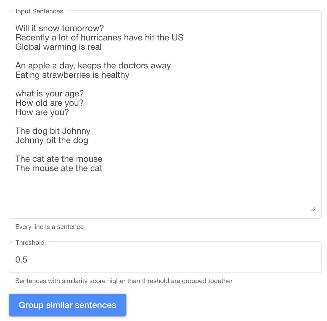 Input a list of sentences for semantic similarity [[demo](https://jinglescode.github.io/textual-similarity-universal-sentence-encoder/)]