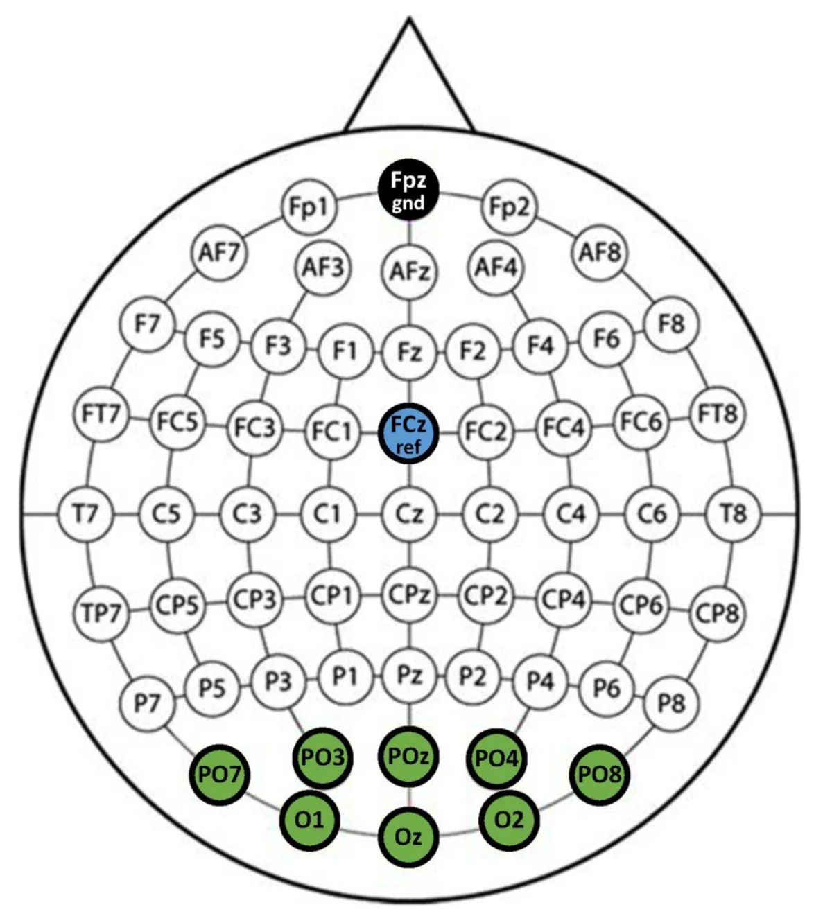 EEG channel layout using 8 channels for SSVEP acquisition [taken from [paper](https://journals.plos.org/plosone/article?id=10.1371/journal.pone.0172578)]