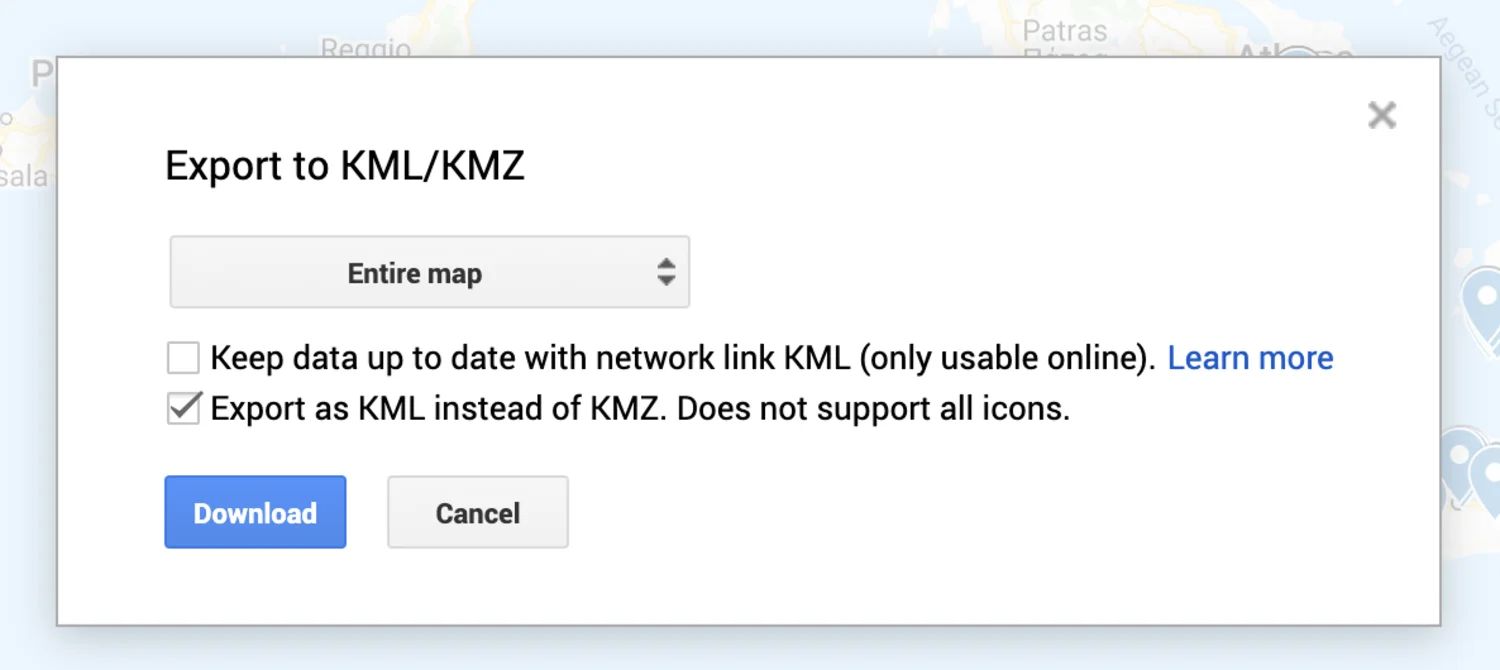 Export KML file from  [Google Maps](https://www.google.com/maps/d/u/0/home)  and upload it in  [Colab](https://colab.research.google.com/)