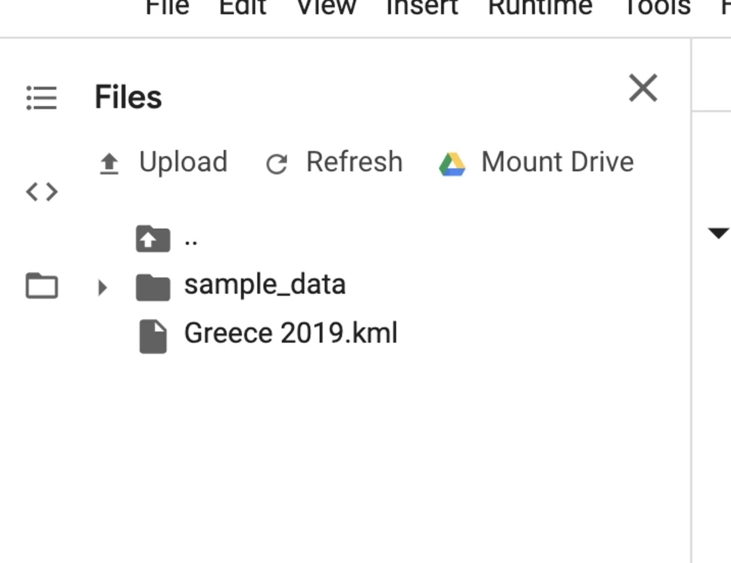 Export KML file from  [Google Maps](https://www.google.com/maps/d/u/0/home)  and upload it in  [Colab](https://colab.research.google.com/)