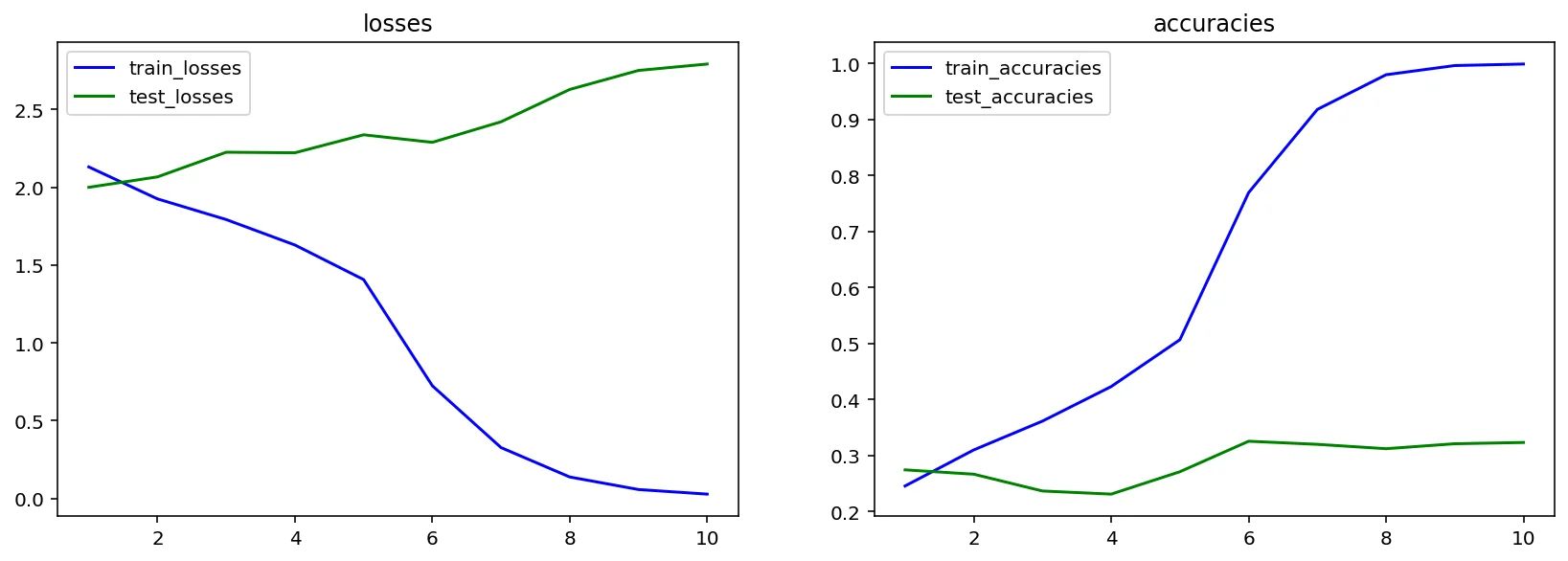 Accuracies and losses during the training