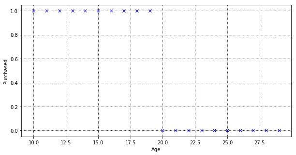 Our sample training dataset of 20 customers and their purchase label